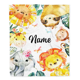 Personalized Baby Blanket With Name Custom Safari Animals Boy Girl Son Daughter Niece Granddaughter Birthday Christmas Customized Bed Fleece Throw Blanket - Thegiftio