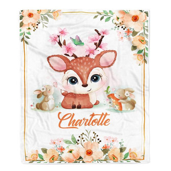 Personalized Baby Blanket With Name For Girl Deer Bunny Baby Girl Floral Pink Kid Daughter Granddaughter Niece Birthday Customized Christmas Fleece Blanket - Thegiftio UK