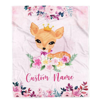 Personalized Baby Girl Blanket With Custom Name Newborn Pink Flowers Deer Daughter Niece Granddaughter Birthday Christmas Customized Bed Fleece Throw Blanket - Thegiftio