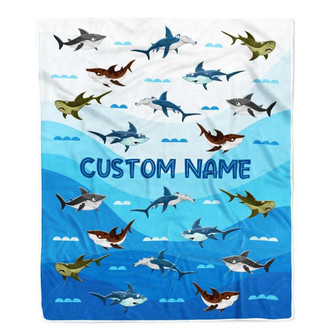 Personalized Custom Baby Blanket Blue Shark Design For Baby Boys Girls Kids Newborn Daughter Granddaughter Niece From Aunt Birthday Bed Fleece Throw Blanket - Thegiftio