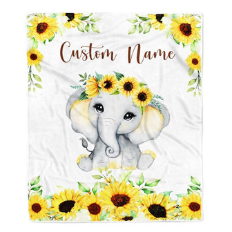 Personalized Custom Baby Blanket With Name Elephant Newborn Sunflower Baby Girl Children Kids Daughter Granddaughter Niece Birthday Christmas Fleece Blanket - Thegiftio
