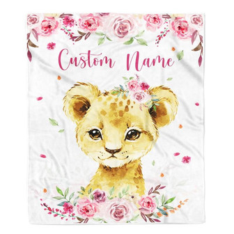 Personalized Custom Baby Blanket With Name Girl Lion Newborn Pink Flower Baby Girl Children Kid Daughter Granddaughter Niece Birthday Christmas Fleece Blanket - Thegiftio UK
