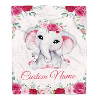 Personalized Elephant Baby Girl Blanket Custom Name Newborn Floral Girl Daughter Niece Granddaughter Birthday Christmas Customized Bed Fleece Throw Blanket - Thegiftio UK