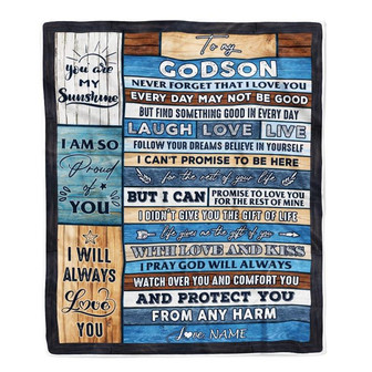Personalized To My Godson Blanket From Godmother Wood You Are My Sunshine I Love You Godson Birthday Graduation Christmas Customized Bed Fleece Throw Blanket - Thegiftio UK