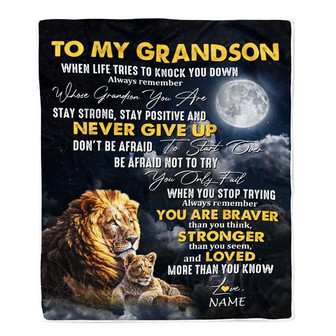 Personalized To My Grandson Blanket From Grandma Grandpa Lion Never Give Up Grandson Birthday Christmas Customized Fleece Throw Blanket - Thegiftio UK