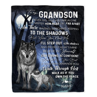 Personalized To My Grandson From Grandma Grandpa Blanket Never Feel You Are Alone Wolf Moon Night Dark Forest Family Love Birthday Christmas Fleece Blanket - Thegiftio UK