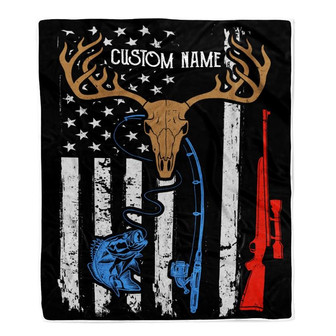 Personalized Hunting Fishing Blanket American Flag Deer Camo Rod For Husband Son Dad Grandpa Papa Uncle For Men Birthday Customized Christmas Fleece Blanket - Thegiftio UK