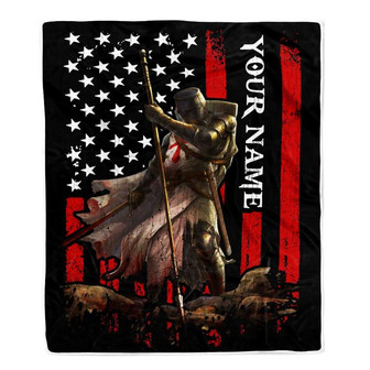 Personalized Knight Templar Blanket Custom Name Crusader Warrior American Flag For Men Husband Dad Son Birthday Christmas Customized Bed Fleece Throw Blanket - Thegiftio