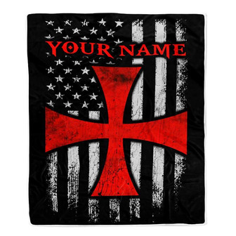 Personalized Knights Templar Blanket Custom Name American Flag of The Knights Templar For Men Dad Son Birthday Christmas Customized Bed Fleece Throw Blanket - Thegiftio UK