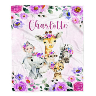 Personalized Purple Safari Baby Blanket Girl Custom Baby Name Cobijas Para Bebe Niña Newborn Daughter Granddaughter Niece Birthday Christmas Fleece Blanket - Thegiftio