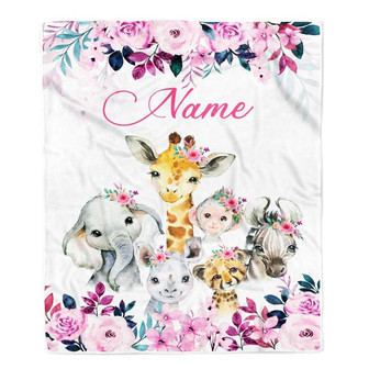 Personalized Safari Baby Blanket Elephant Giraffe Sloth Custom Name Girls Newborn Daughter Granddaughter Niece Birthday Customized Christmas Fleece Blanket - Thegiftio