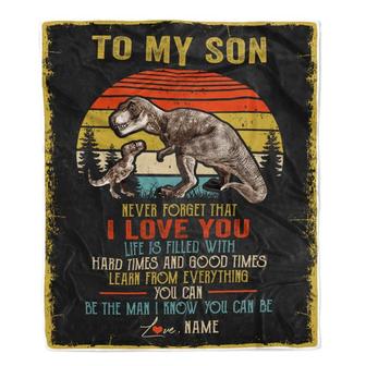 Personalized To My Son Blanket From Dad Mom Father Never Forget I Love You Vintage T-Rex Dinosaur Son Birthday Christmas Customized Fleece Throw Blanket - Thegiftio UK