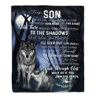 Personalized To My Son from Mom Blanket Never Feel You Are Alone Wolf Moon Night Dark Forest Family Love Son Birthday Christmas Customized Fleece Blanket - Thegiftio UK