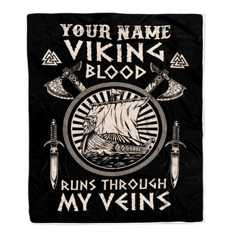 Personalized Viking Ship Blanket Viking Blood Runs Through My Veins Odin God Scandinavian Norse Mythology Runes Men Women Dad Birthday Fleece Throw Blanket - Thegiftio