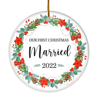 2022 Our First Christmas Married Mr And Mrs Gift Christmas Flower For Wedding Newlywed Couple 2022 Christmas Tree Ornament - Thegiftio UK