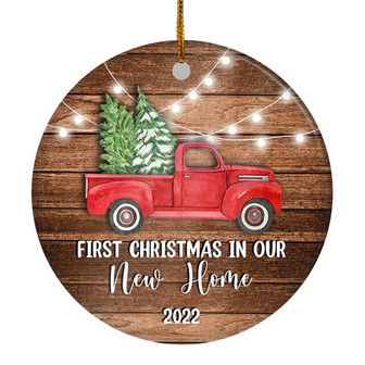2022 First Christmas In Our New Home Red Car mr and mrs Truck Gift for Newlywed Couple 2022 Christmas Tree Ornament - Thegiftio UK