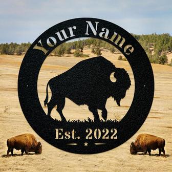 Bison Circle Monogram Sign, Lone Bison Decor, Buffalo Decor, Bison Camp Sign, Gift For Him, Bison Name Metal Sign - Thegiftio UK