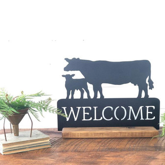 Cow Calf Pair Welcome Sign Farmhouse Welcome Sign Ranch Sign Cow Decor Metal Art Sign With Base Cow Sign Rustic Metal Sign Farm Sign - Thegiftio UK