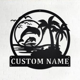 Custom Dolphin Beach Palm Tree Metal Wall Art Personalized Metal Name Sign Coastal Decoration for Lake or Beach House Family Outdoors Decor - Thegiftio UK
