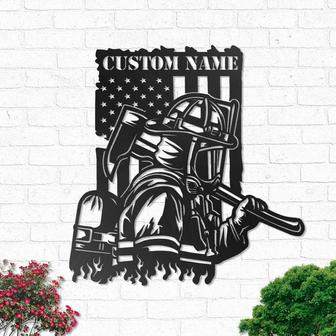 Custom Firefighter US Flag Metal Wall Art Personalized Fireman Name Sign Decoration, Dad Gifts - Thegiftio UK