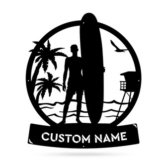 Custom Longboard Male Surfer Monogram Metal Sign Decor, Must Have Summer Decor - Thegiftio UK