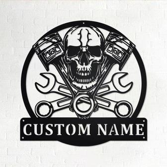 Custom Mechanic Skull Metal Wall Art, Personalized Mechanic Name Sign Decoration For Room, Mechanic Home Decor - Thegiftio UK