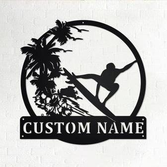 Custom Surfing Sunset Metal Wall Art, Personalized Surfer Name Sign Decoration For Room, Surfing Metal Home Decor, Custom Surfing Sunset - Thegiftio UK