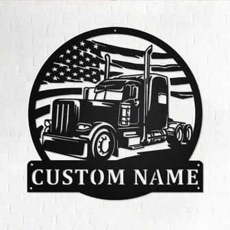 Custom US Flag Semi-Trailer Truck Metal Wall Art, Personalized Semi Truck Name Sign Decoration For Room, Semi Truck Home Decor,Custom Truck - Thegiftio UK