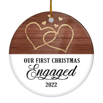 Our First Christmas Engaged 2022 Just Married White Brown Wood For Wedding Newlywed Couple 2022 Christmas Tree Ornament - Thegiftio