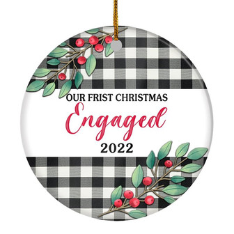Our First Christmas Engaged 2022 Just Married Black White Buffalo Plaid For Wedding Newlywed Couple (20) Christmas Tree Ornament - Thegiftio UK