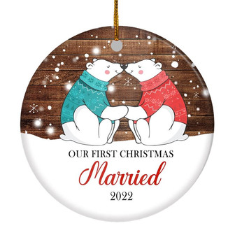 Our First Christmas Married Mr And Mrs 2022 Bear Christmas Tree For Wedding Newlywed Couple Christmas Tree Ornament - Thegiftio