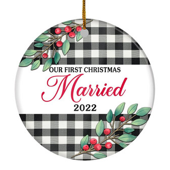 Our First Christmas Married Mr And Mrs 2022 Black White Buffalo Plaid For Wedding Newlywed Couple (20) Christmas Tree Ornament - Thegiftio UK