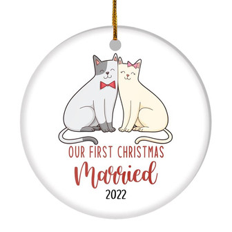 Our First Christmas Married Mr And Mrs 2022 Cat For Wedding Newlywed Couple (17) 2022 Christmas Tree Ornament - Thegiftio UK