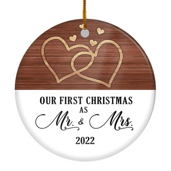 Our First Christmas Married Mr And Mrs 2022 White Brown Wood For Wedding Newlywed Couple 2022 Christmas Tree Ornament - Thegiftio UK