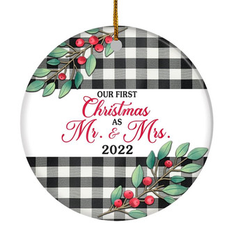 Our First Christmas As Mr And Mrs 2022 For Black White Buffalo Plaid Wedding Newlywed Couple (20) Christmas Tree Ornament - Thegiftio UK
