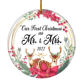 Our First Christmas As Mr And Mrs 2022 Deer Christmas For Wedding Newlywed Couple (15) Christmas Tree Ornament - Thegiftio