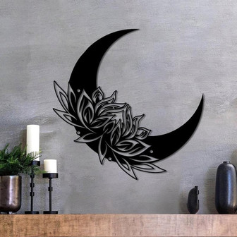 Lotus Flower Metal Wall Sign, Moon Flower Metal Wall Art, Moon Floral Wall Home Decor - Thegiftio