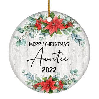 Merry Christmas Auntie 2022 Ornament New Auntie Farmhouse Rustic Gray Wood Deep Red Poinsettia Flower Decoration Christmas Tree Ornament - Thegiftio UK