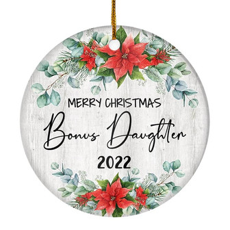 Merry Christmas Bonus Daughter 2022 Ornament New Stepdaughter Farmhouse Rustic Gray Wood Deep Red Poinsettia Flower Decoration Christmas Tree Ornament - Thegiftio UK