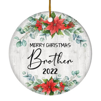 Merry Christmas Brother 2022 Ornament New Brother Farmhouse Rustic Gray Wood Deep Red Poinsettia Flower Decoration Christmas Tree Ornament - Thegiftio UK