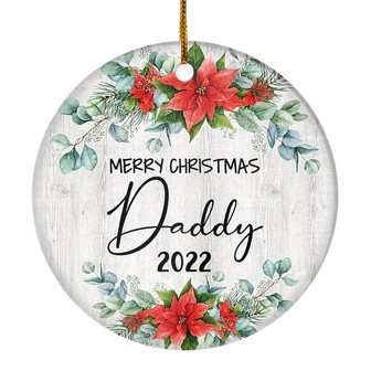 Merry Christmas Daddy 2022 Ornament New Daddy Farmhouse Rustic Gray Wood Deep Red Poinsettia Flower Decoration Christmas Tree Ornament - Thegiftio UK