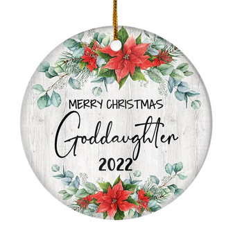 Merry Christmas Goddaughter 2022 Ornament New Goddaughter Farmhouse Rustic Gray Wood Deep Red Poinsettia Flower Decoration Christmas Tree Ornament - Thegiftio UK