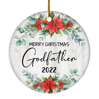 Merry Christmas Godfather 2022 Ornament New Godfather Farmhouse Rustic Gray Wood Deep Red Poinsettia Flower Decoration Christmas Tree Ornament - Thegiftio UK