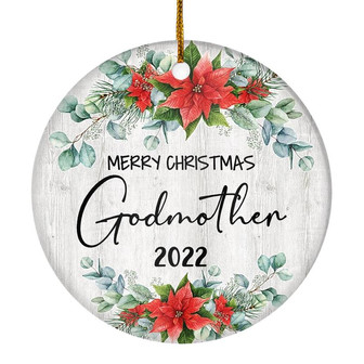 Merry Christmas Godmother 2022 Ornament New Godmother Farmhouse Rustic Gray Wood Deep Red Poinsettia Flower Decoration Christmas Tree Ornament - Thegiftio