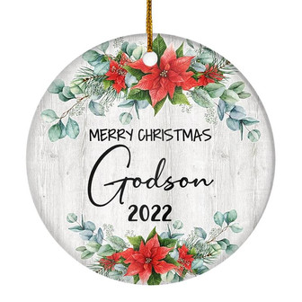 Merry Christmas Godson 2022 Ornament New Godson Farmhouse Rustic Gray Wood Deep Red Poinsettia Flower Decoration Christmas Tree Ornament - Thegiftio UK