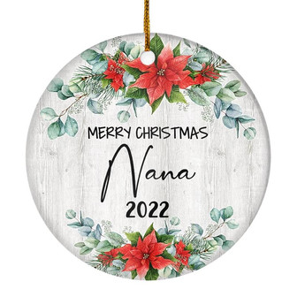 Merry Christmas Nana 2022 Ornament New Nana Farmhouse Rustic Gray Wood Deep Red Poinsettia Flower Decoration Christmas Tree Ornament - Thegiftio UK