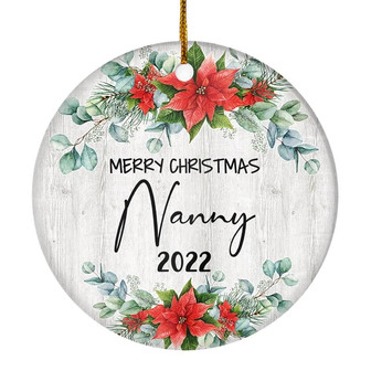 Merry Christmas Nanny 2022 Ornament New Nanny Farmhouse Rustic Gray Wood Deep Red Poinsettia Flower Decoration Christmas Tree Ornament - Thegiftio UK