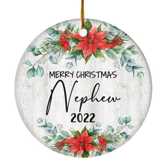 Merry Christmas Nephew 2022 Ornament New Nephew Farmhouse Rustic Gray Wood Deep Red Poinsettia Flower Decoration Christmas Tree Ornament - Thegiftio UK