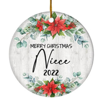 Merry Christmas Niece 2022 Ornament New Niece Farmhouse Rustic Gray Wood Deep Red Poinsettia Flower Decoration Christmas Tree Ornament - Thegiftio