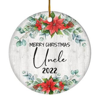 Merry Christmas Uncle 2022 Ornament New Uncle Farmhouse Rustic Gray Wood Deep Red Poinsettia Flower Decoration Christmas Tree Ornament - Thegiftio UK